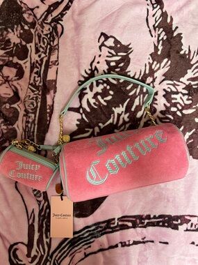 Juicy Couture Pink Velvet Mini Barrel Bag with Mint Trim